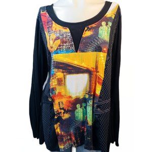 Michael Tyler Womens Large Tunic Black Artsy Cool Round Neck Long Sleeve Top